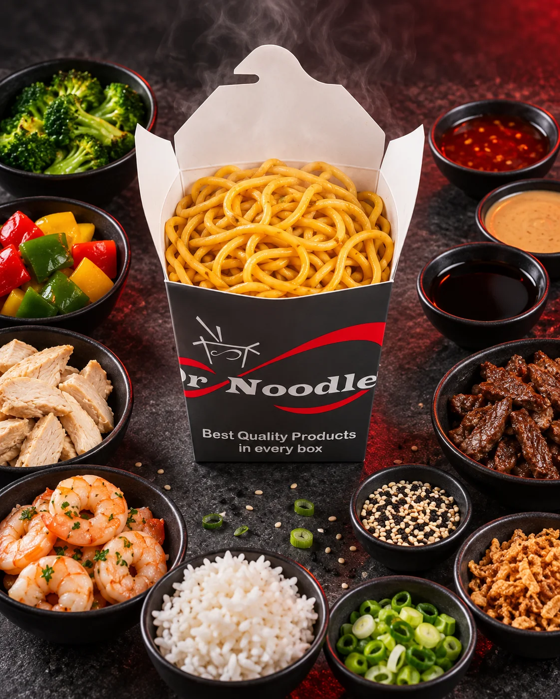 A branded Dr Noodles box surrounded by proteins, vegetables, sauces and toppings